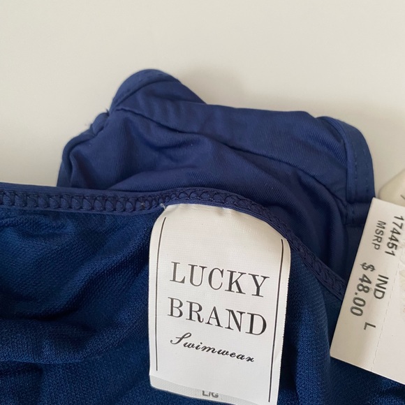 Lucky Brand bikini bottoms hipster navy blue crochet white swimsuit bathing, L - Picture 11 of 11